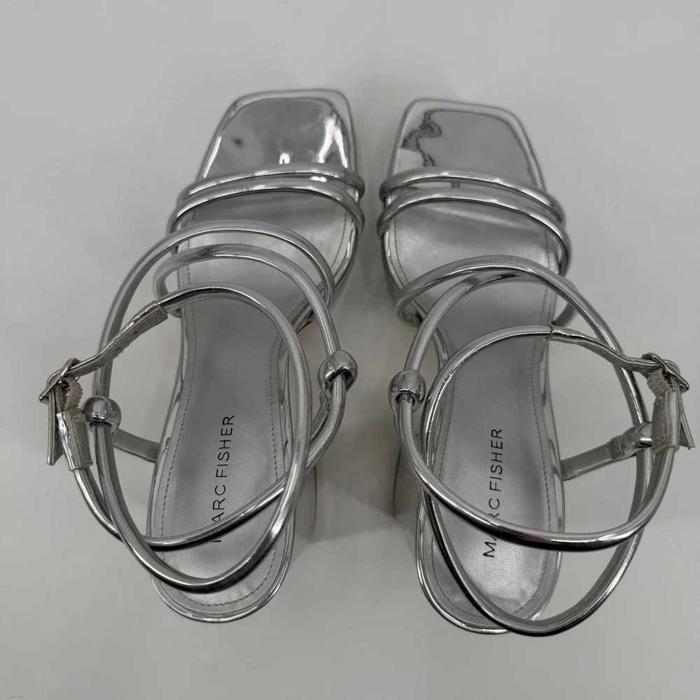 Marc Fisher Godea Silver Metallic Platform Block Heel Strappy Sandals Womens 8M